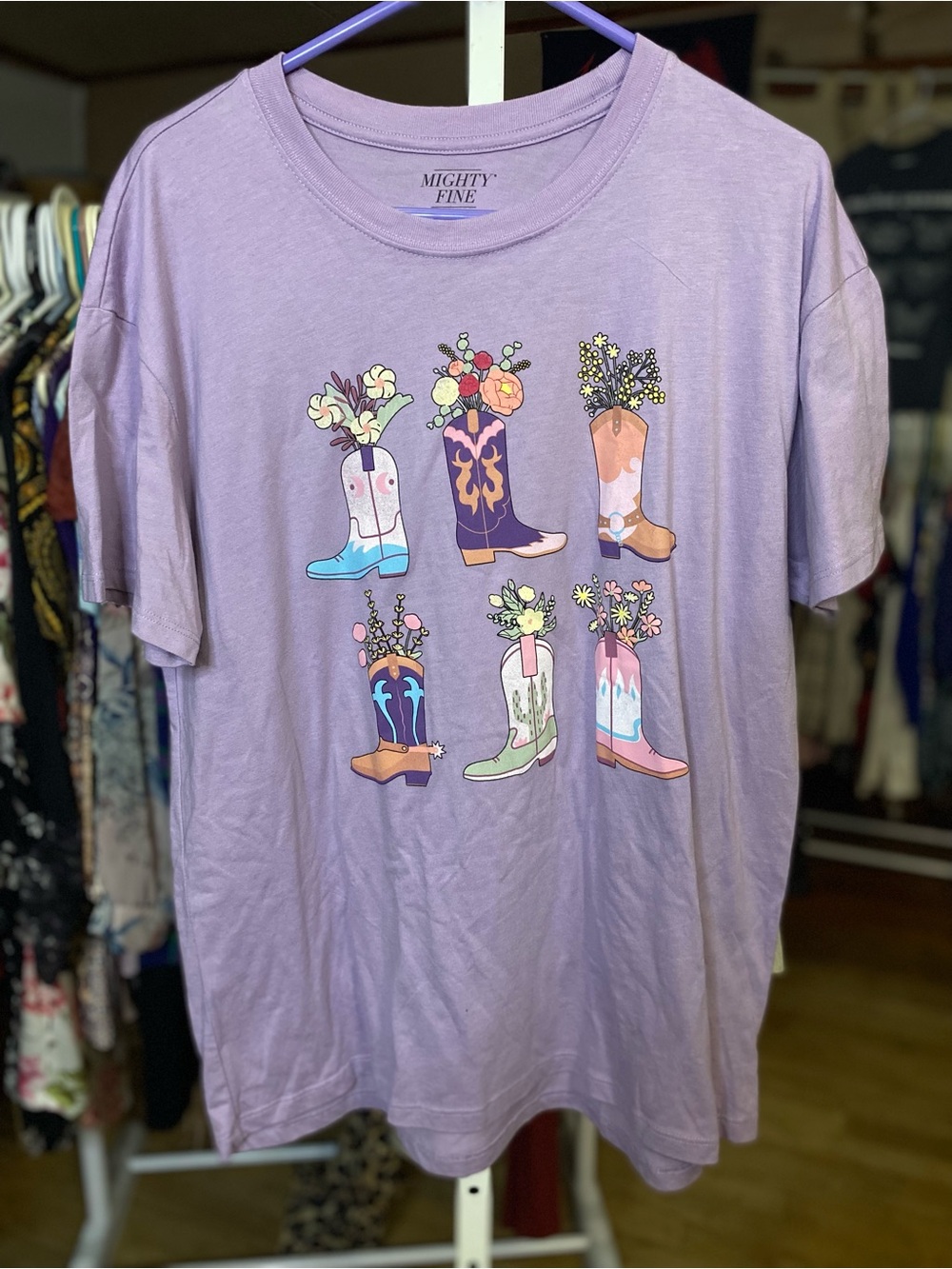 Mighty Fine Lavender Short Sleeve Tee with Colorful Boot Prints